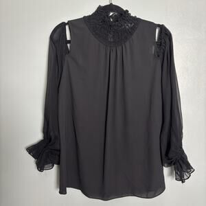 LOLA & SOPHIE 100% Silk Women’s Long Lace Sleeve Black Top Medium Tank Blouse